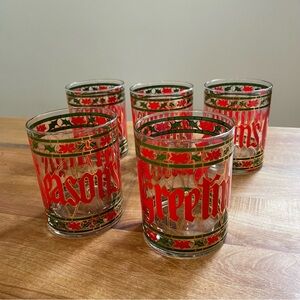 Five 5 Vintage Culver Seasons Greeting Christmas Holiday Double Rocks Glasses
